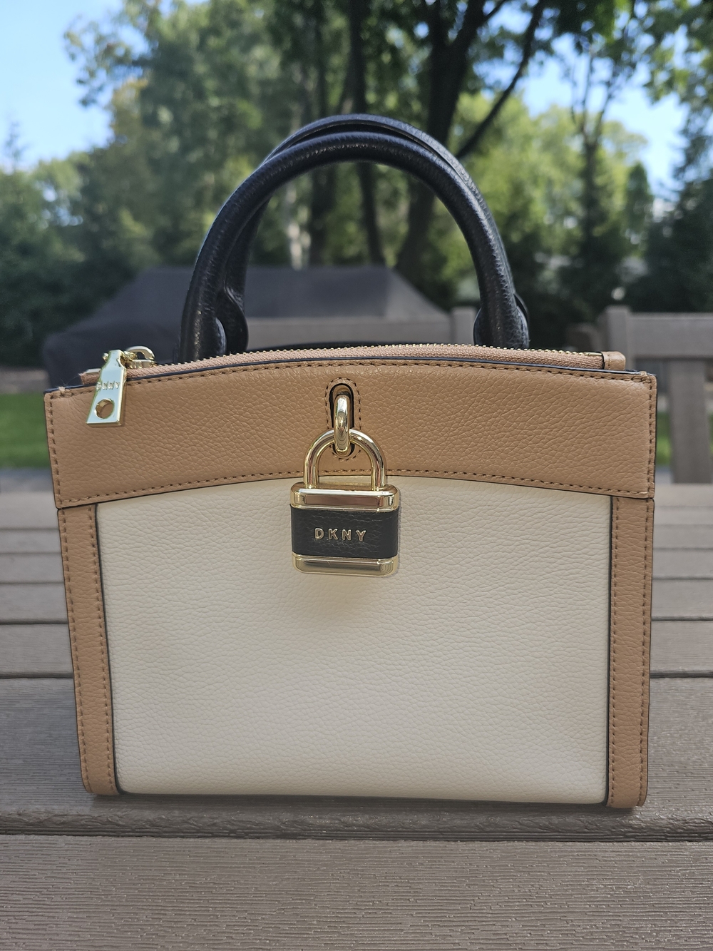 DKNY Cream, Tan and Black Mini Satchel with Gold Padlock